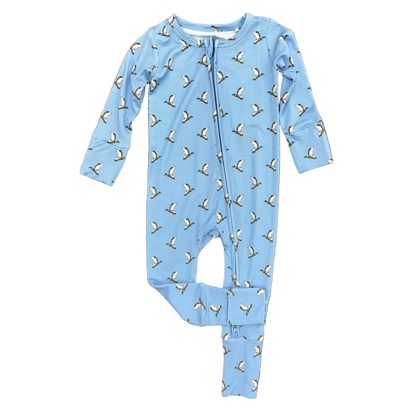 Light blue convertible onesie romper with flying duck pattern.