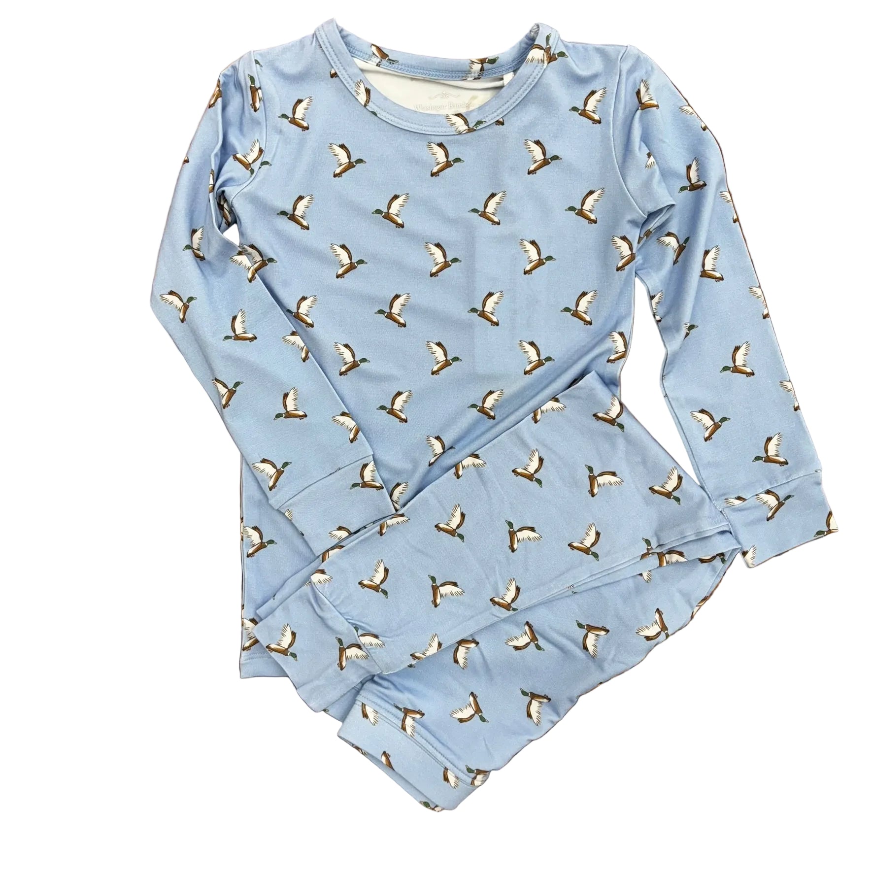 Two piece light blue pajama set with flying duck pattern.