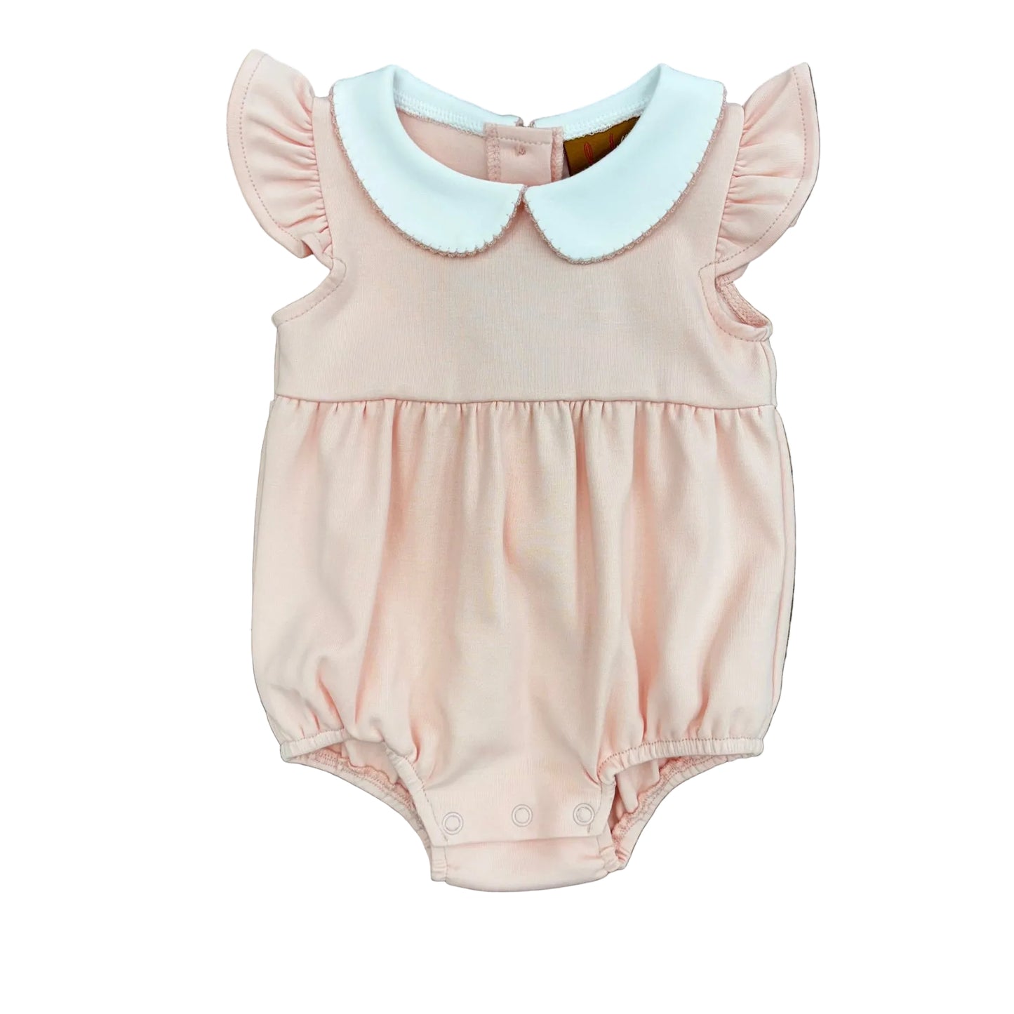 Peach bubble with ruffle sleeves and white collar.