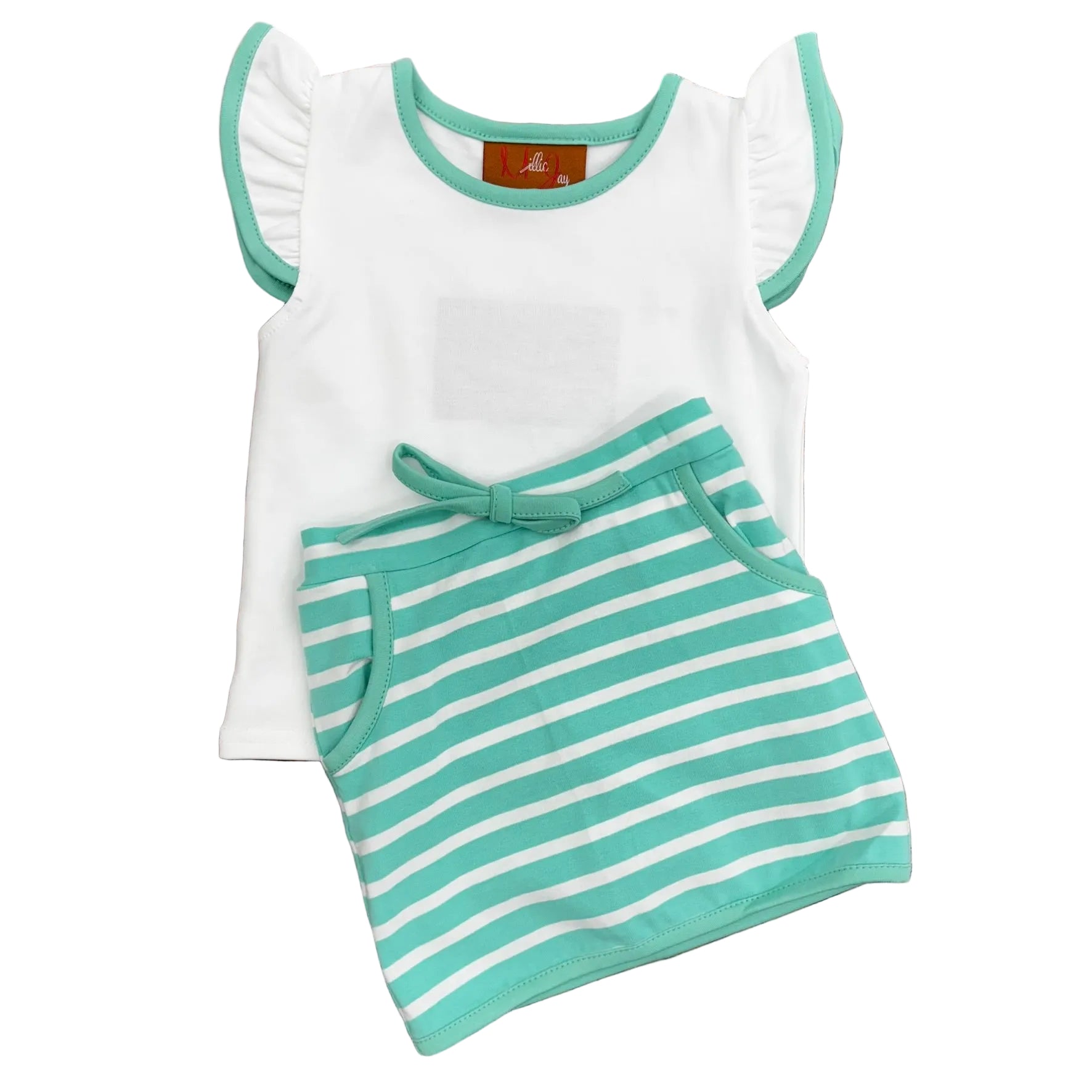 White top with green trim and ruffle sleeves and green and white striped skort.