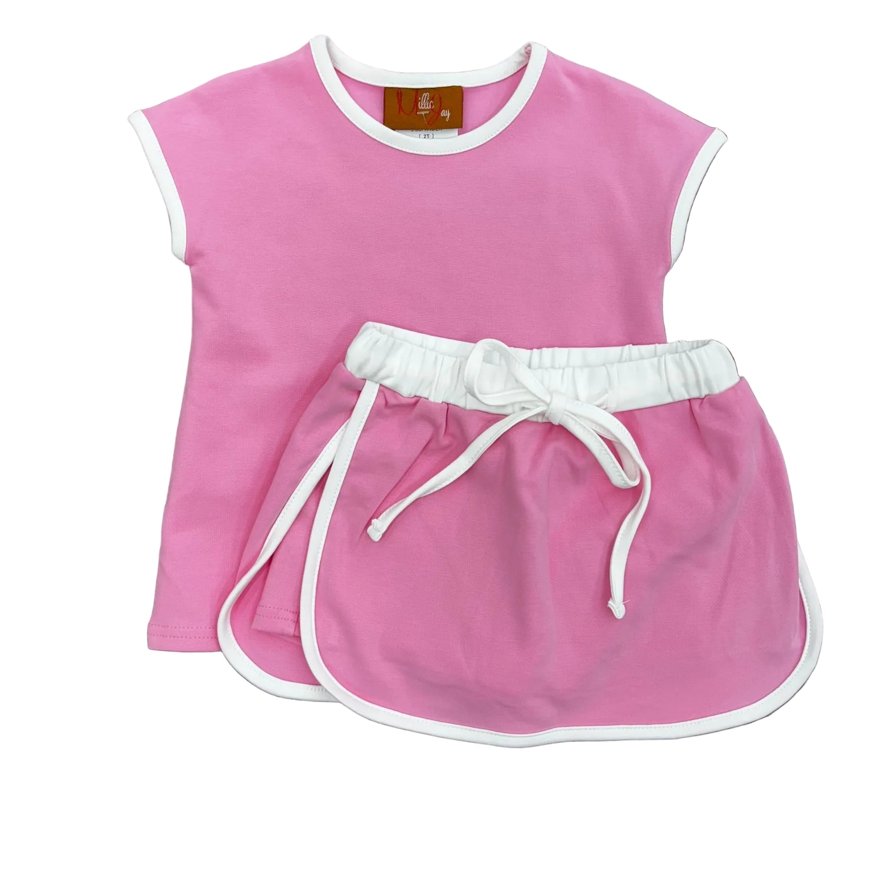 Bright pink top and skort with white trim.