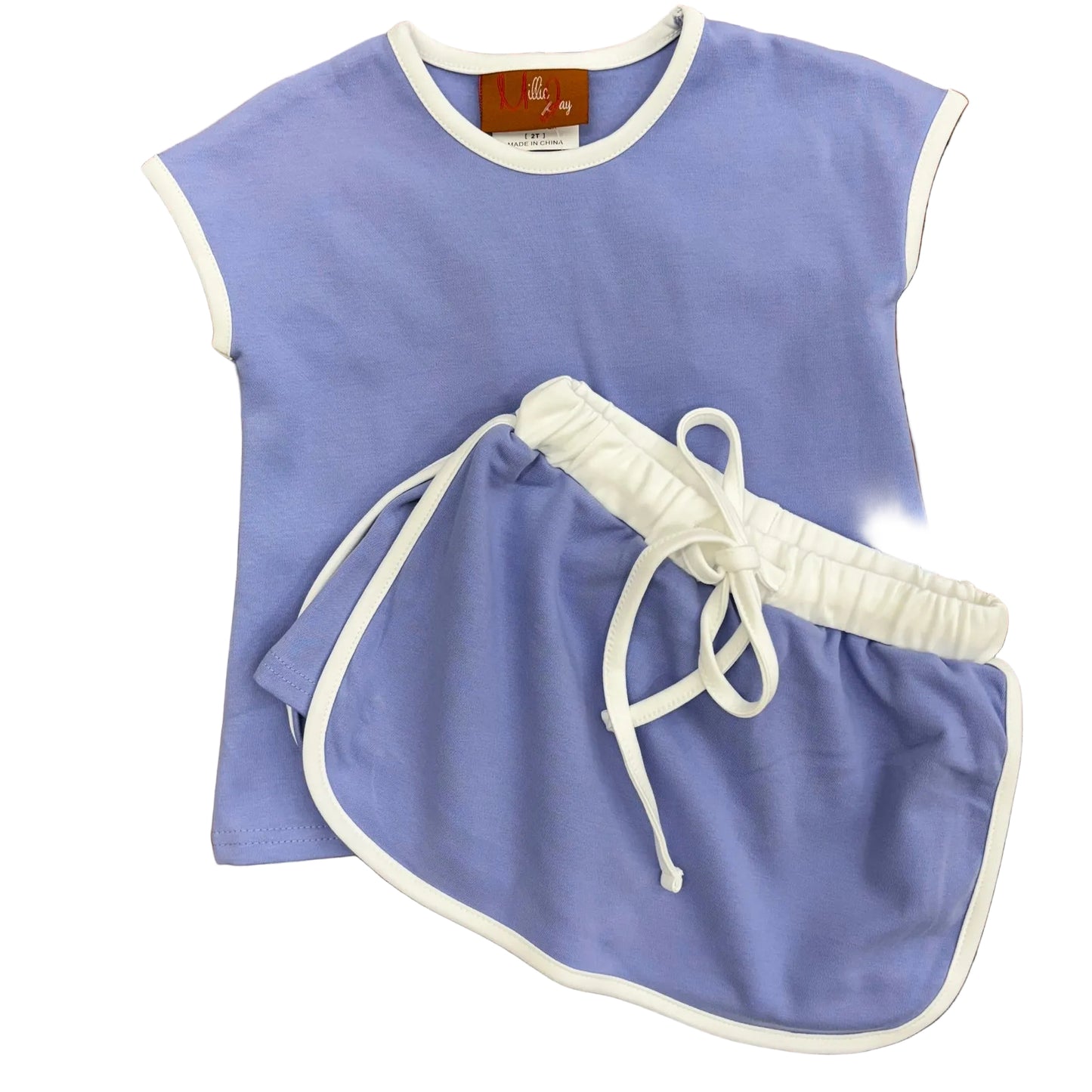 Purple top and skort with white trim.