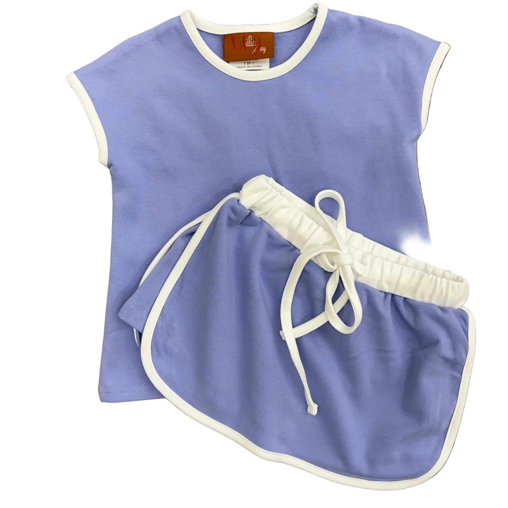 Purple top and skort with white trim.