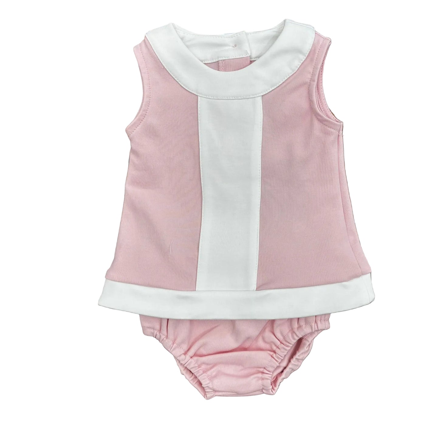 Pink and white sleeveless top with pink bloomers.