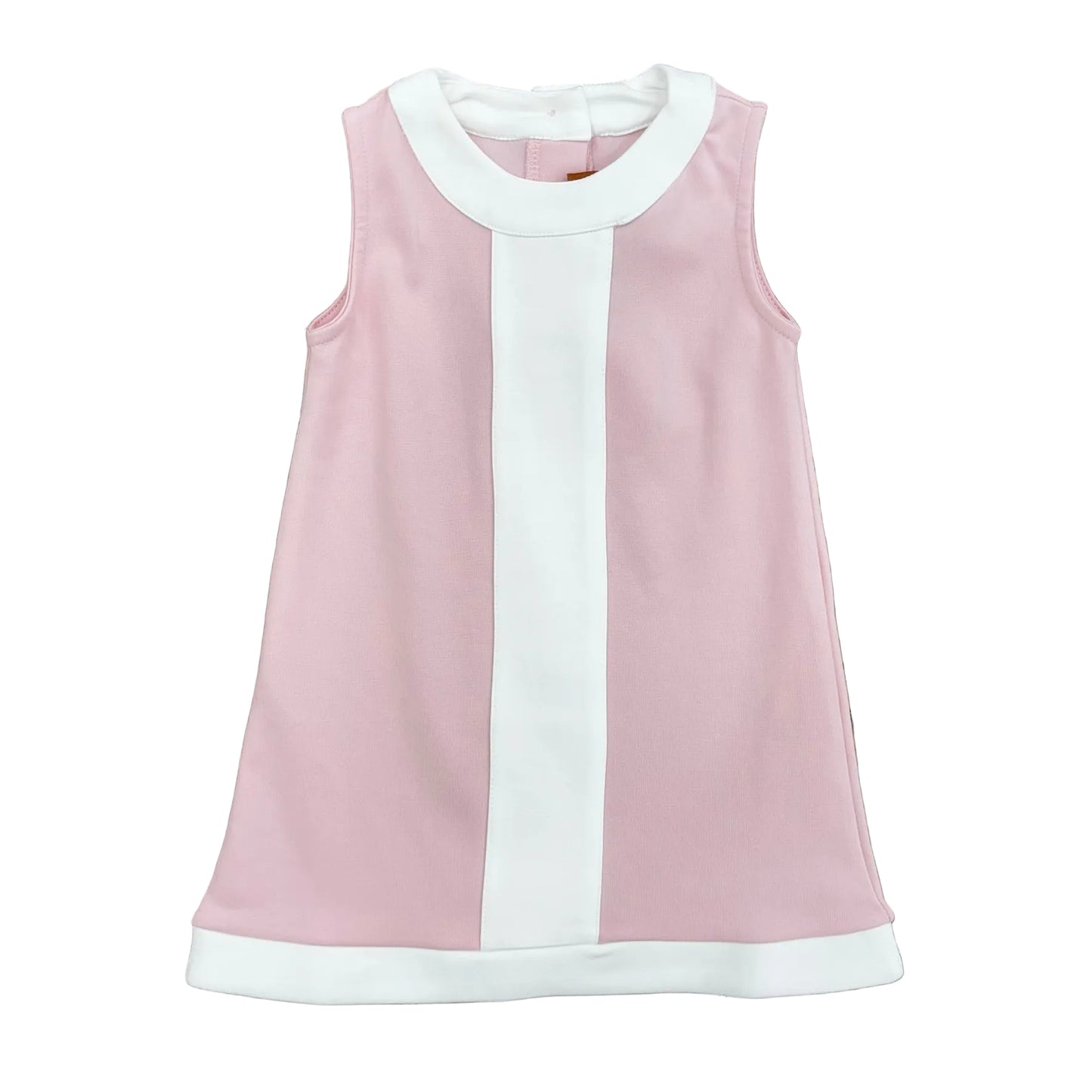 Pink sleeveless dress with white trim.