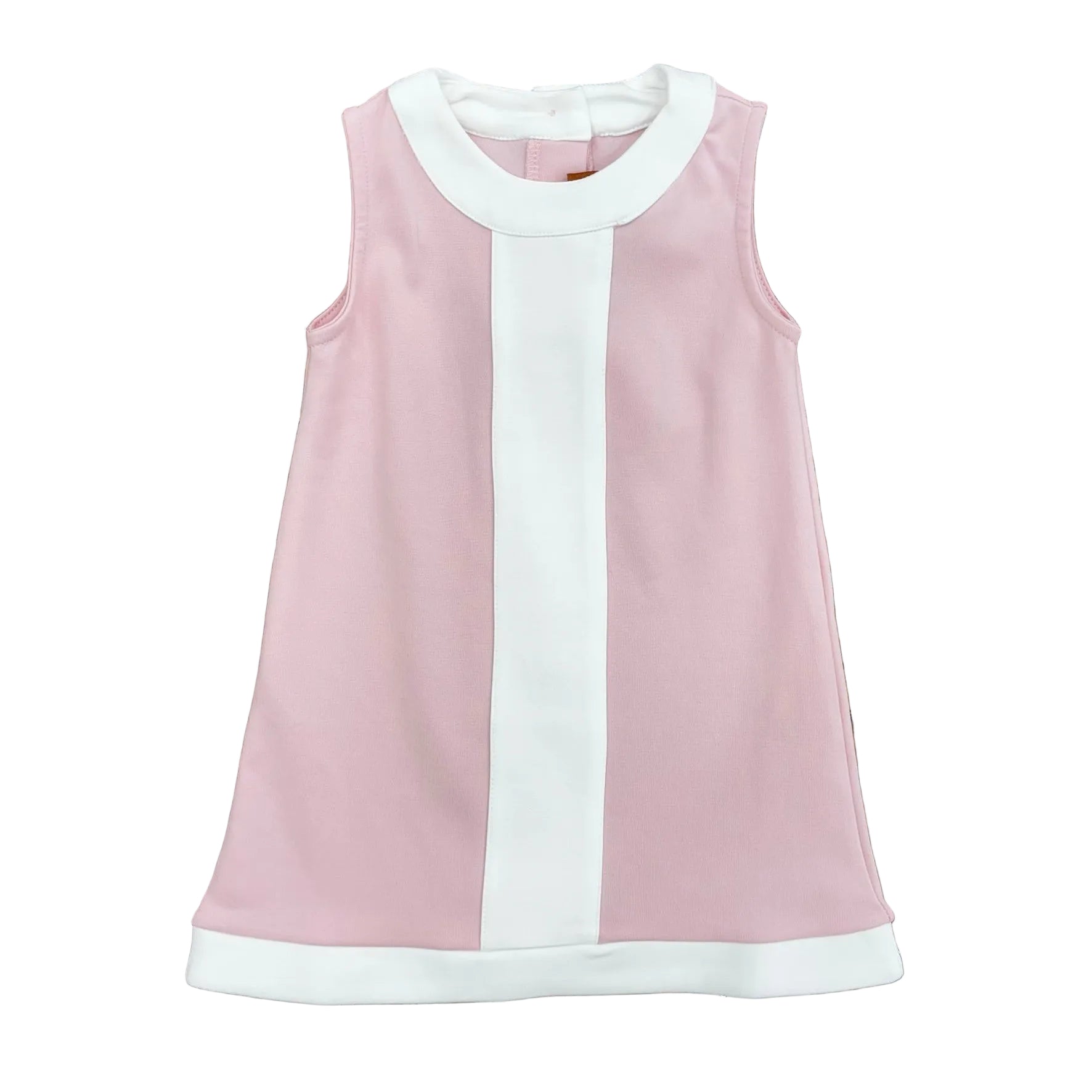 Pink sleeveless dress with white trim.