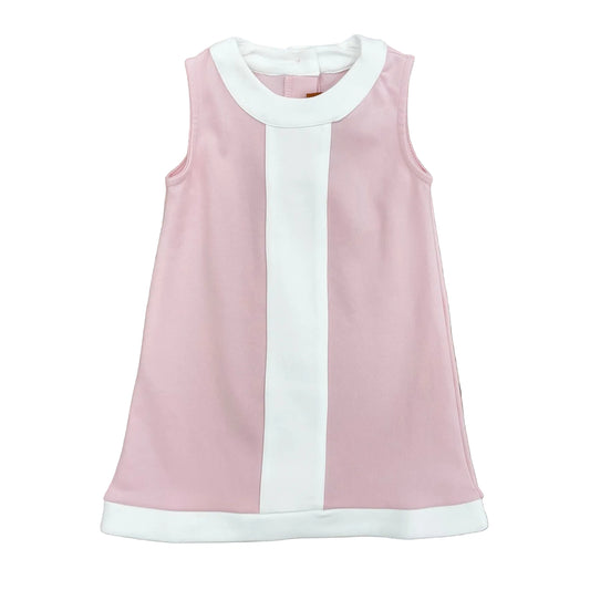 Pink sleeveless dress with white trim.