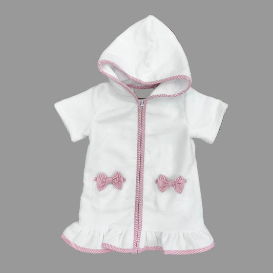 White terry cloth beach coverup with pink stripe trim.