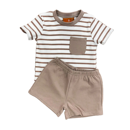Mocha striped short sleeve top with a pocket and matching mocha shorts.