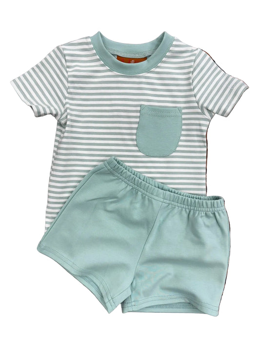 Light green striped top with a green pocket and neckline and green shorts.