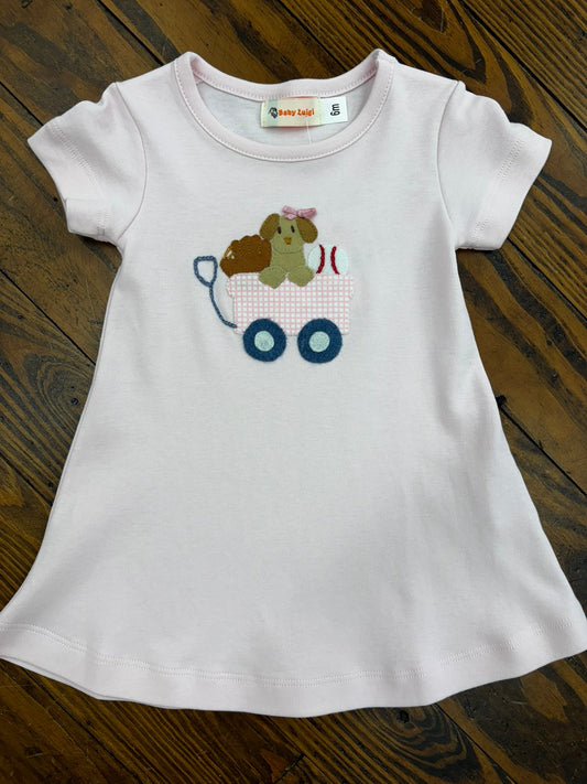 Pale pink t-shirt dress with puppy applique.