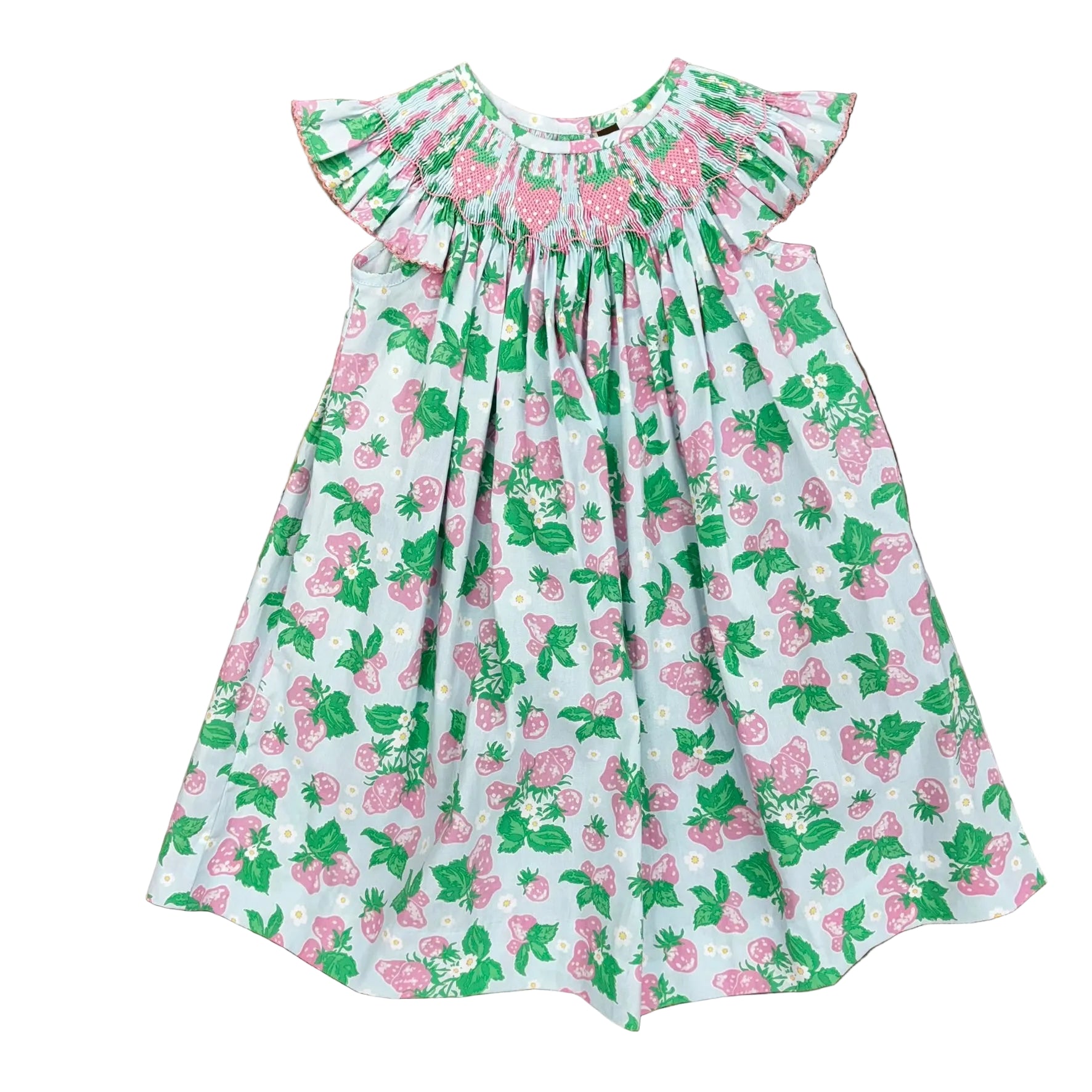 Pink and green strawberries on a pale blue smocked dress with strawberry embroidery.
