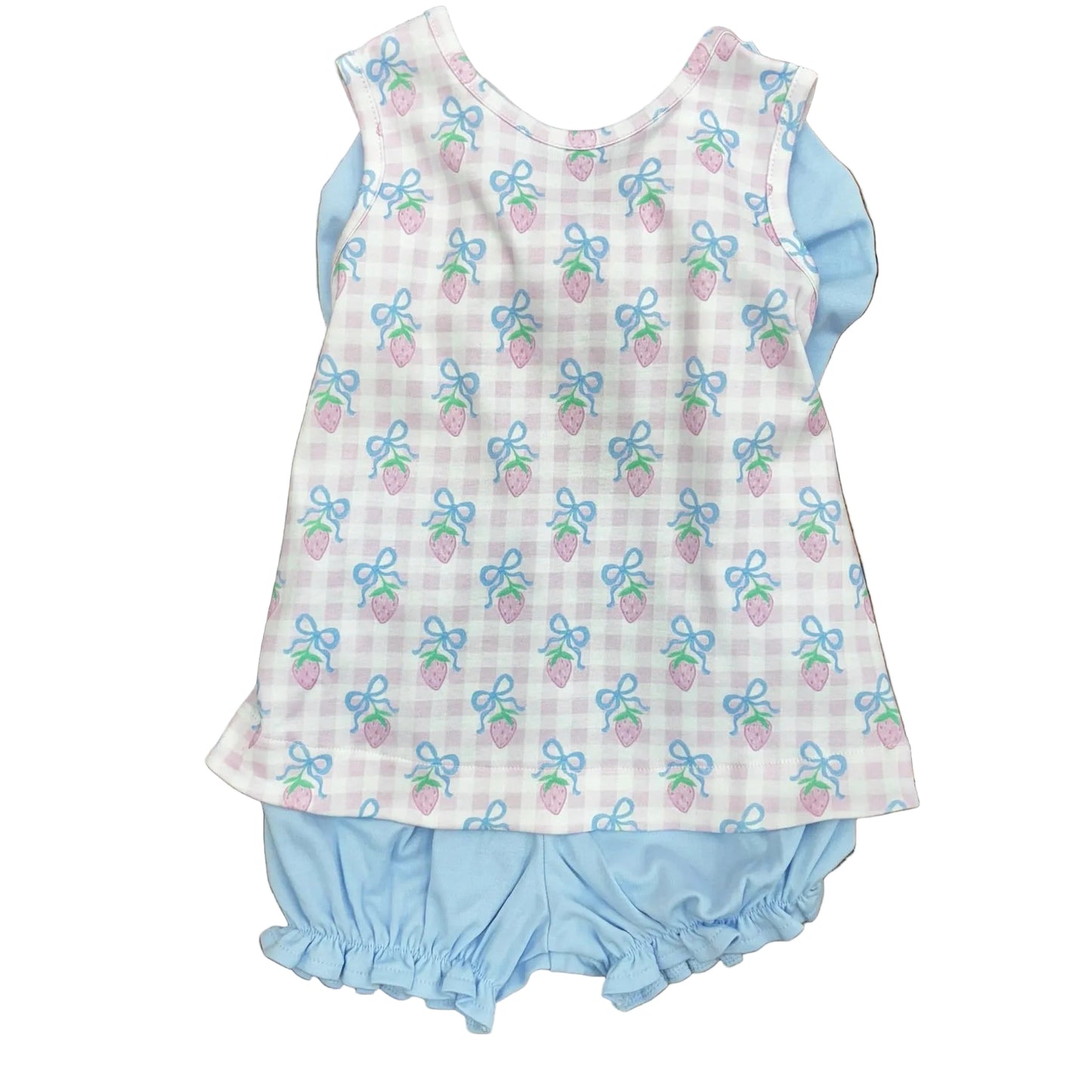Pink checks and strawberries with blue bows on a sleeveless top, with matching blue bloomers.