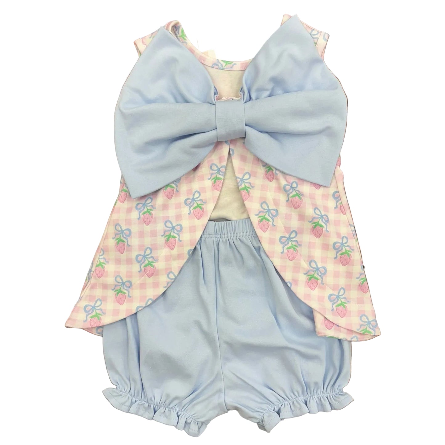 Big blue bow on the back of a pink check sleeveless top with strawberries and blue bows, and matching blue bloomers.
