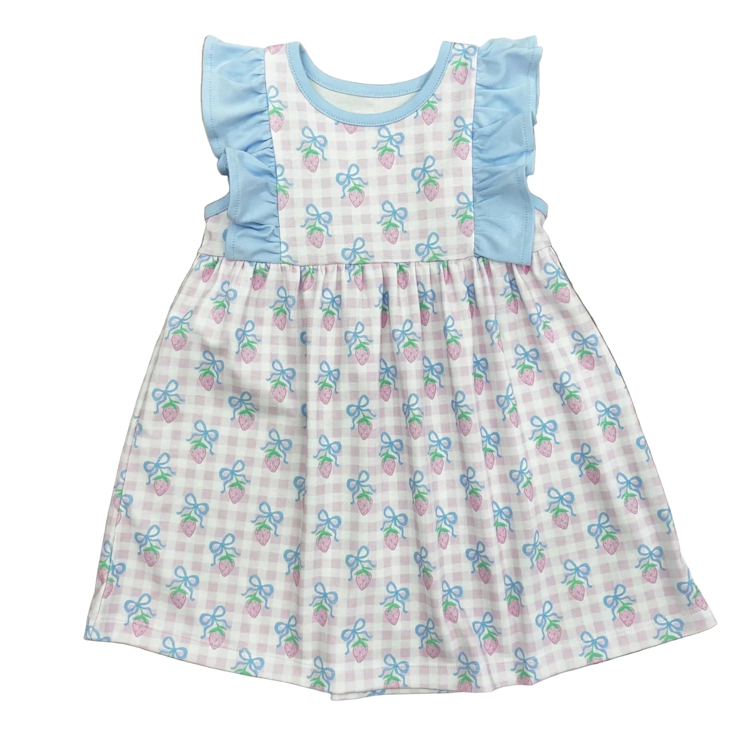 Pink check dress with a strawberries with blue bows and blue ruffle trim.
