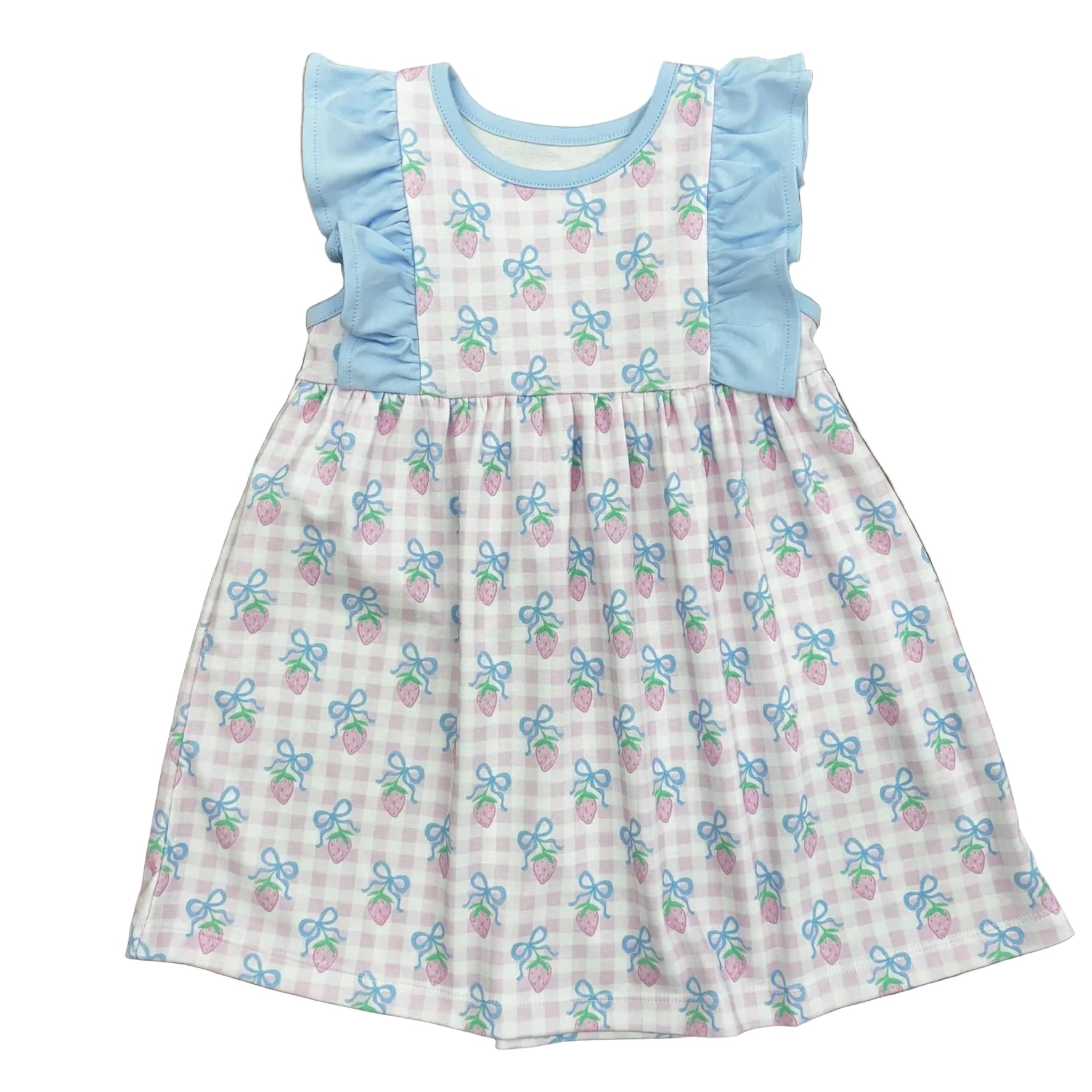 Pink check dress with a strawberries with blue bows and blue ruffle trim.
