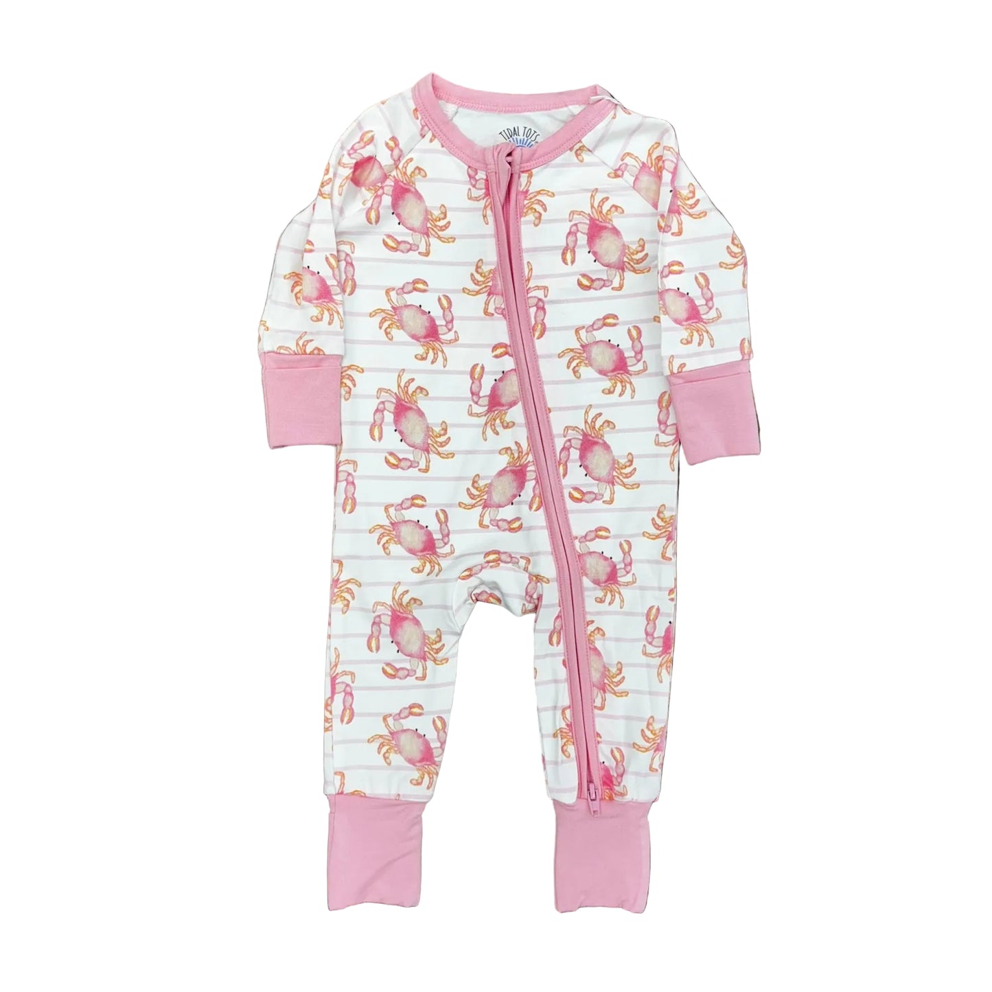 One piece zipper pajama with pink trim and a pink and orange crab pattern.