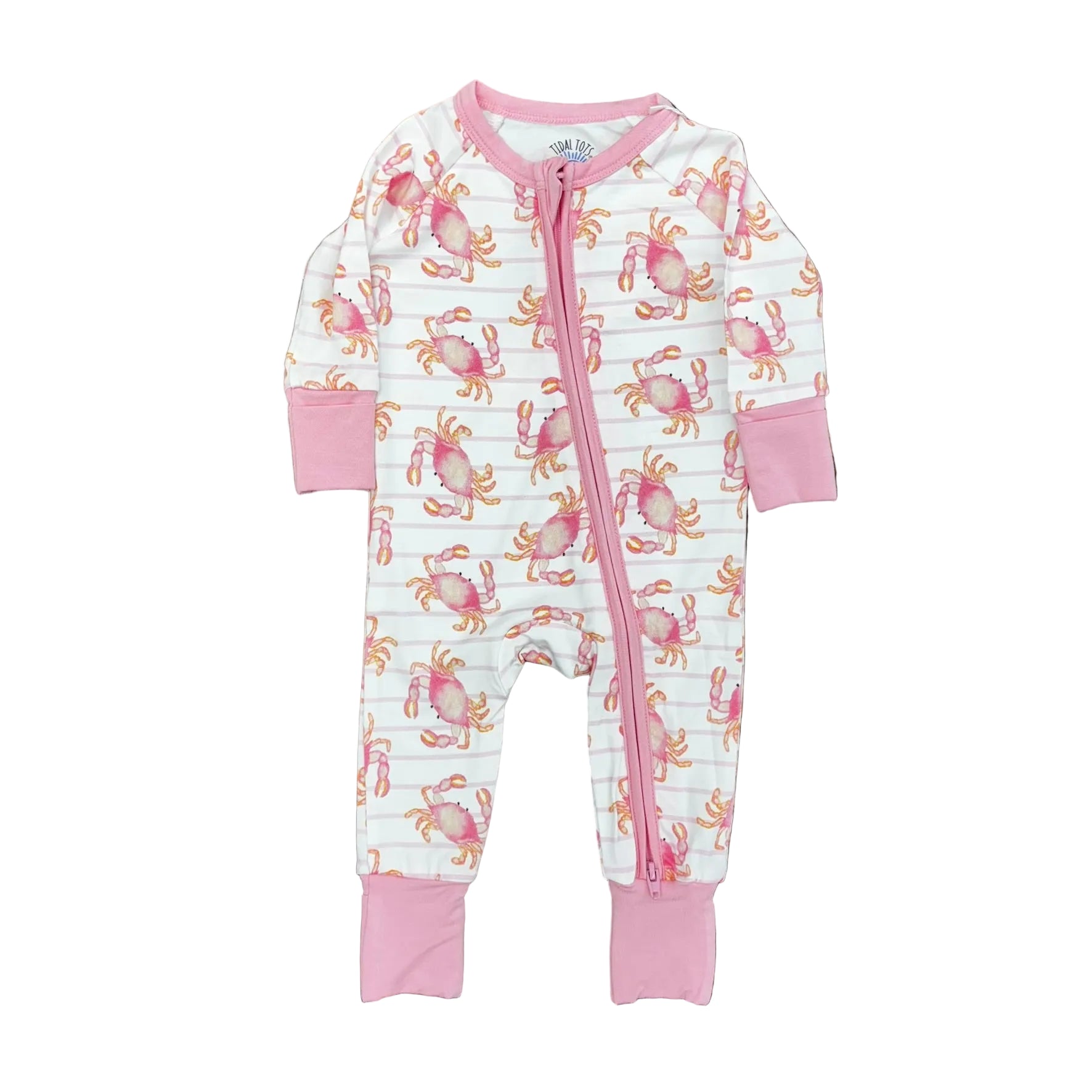 One piece zipper pajama with pink trim and a pink and orange crab pattern.
