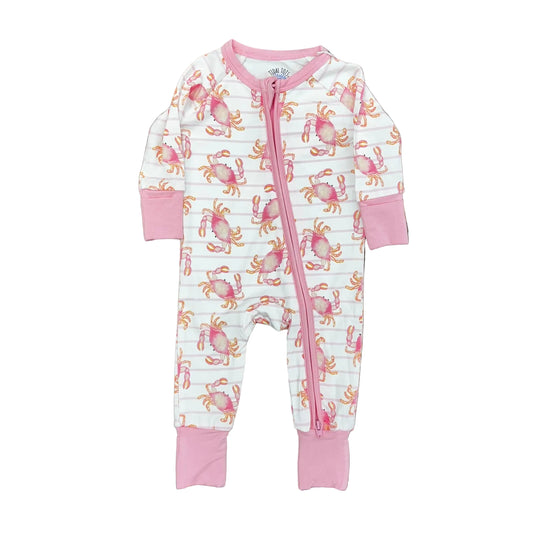 One piece zipper pajama with pink trim and a pink and orange crab pattern.