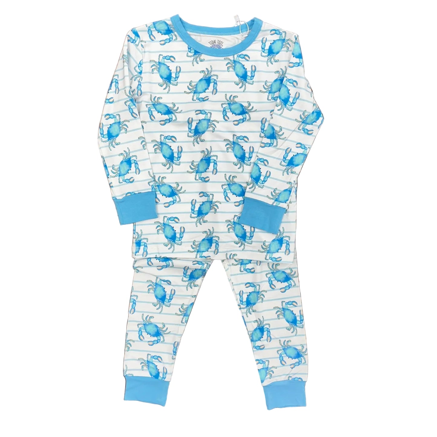 Two piece pajama set with blue trim and a blue crab pattern.
