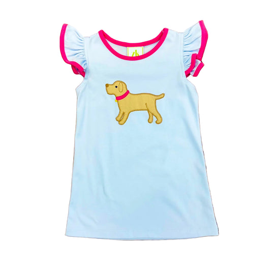 Light blue dress with pink trim and labrador applique.