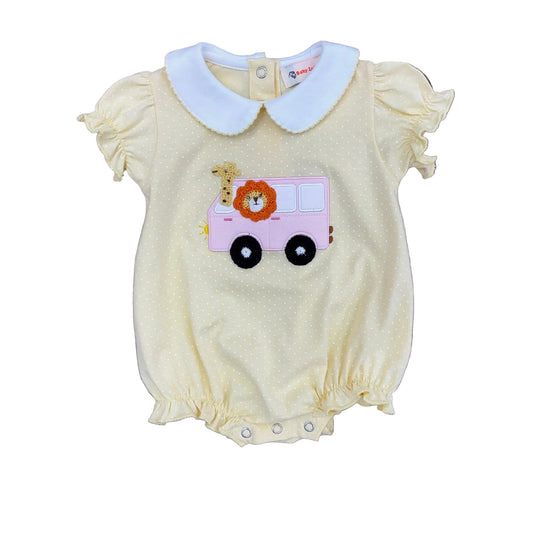 Yellow bubble with tiny white polka dots, a white collar with yellow moonstitch trim and an applique of zoo animals on a pink bus.