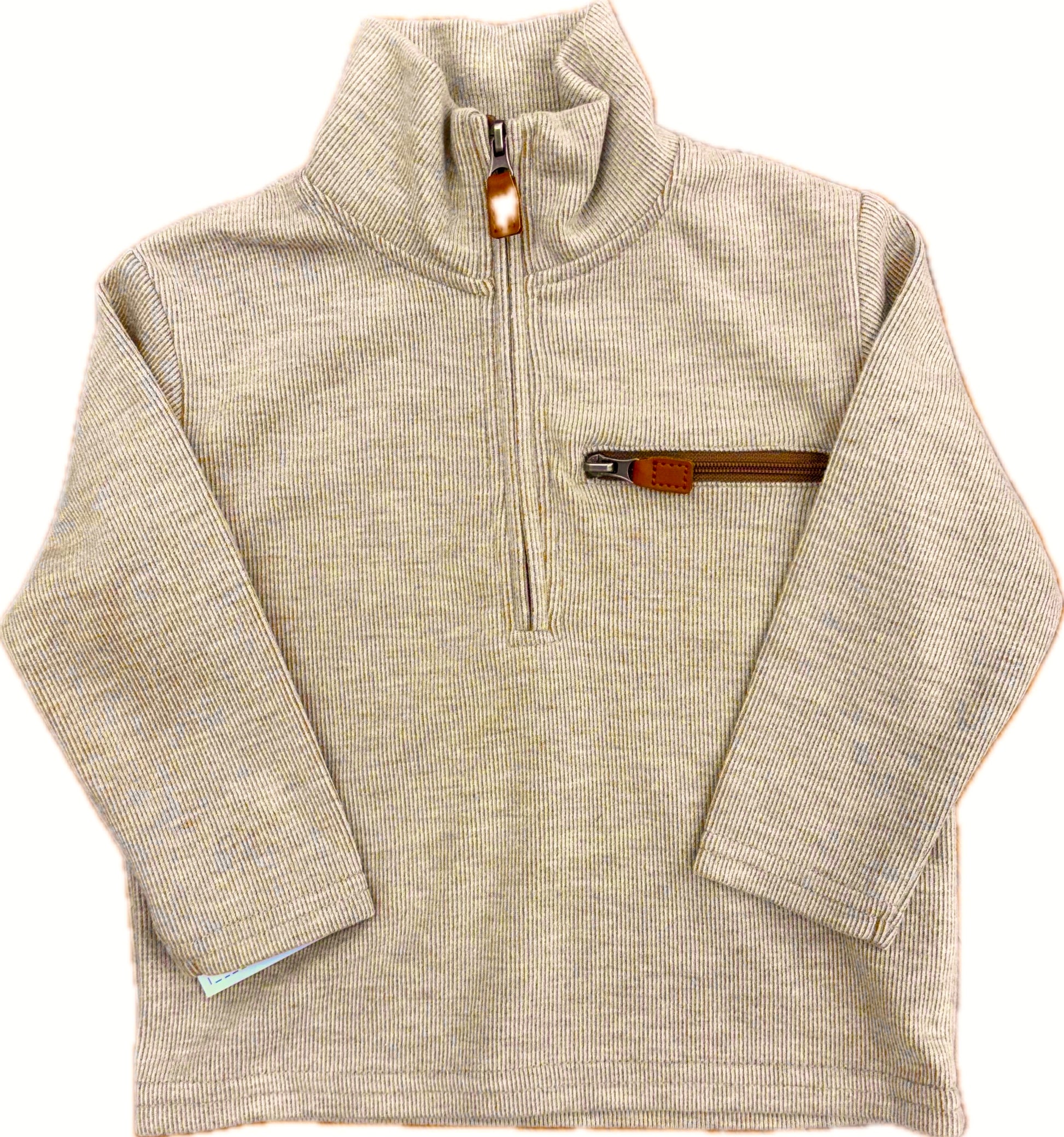 Quarter zip tan sweater with leather tab zipper pocket.