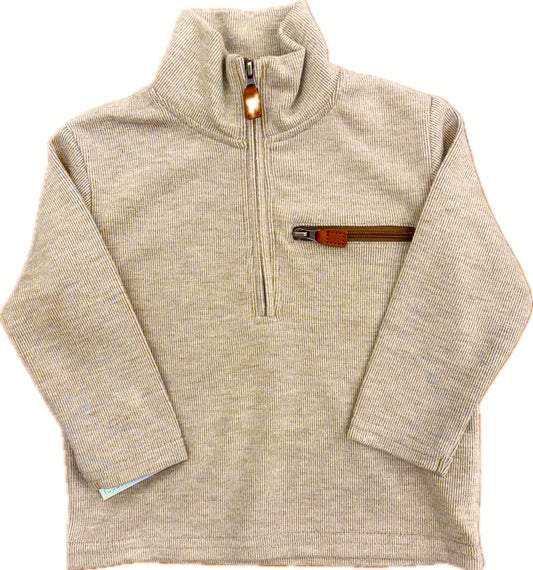 Quarter zip tan sweater with leather tab zipper pocket.