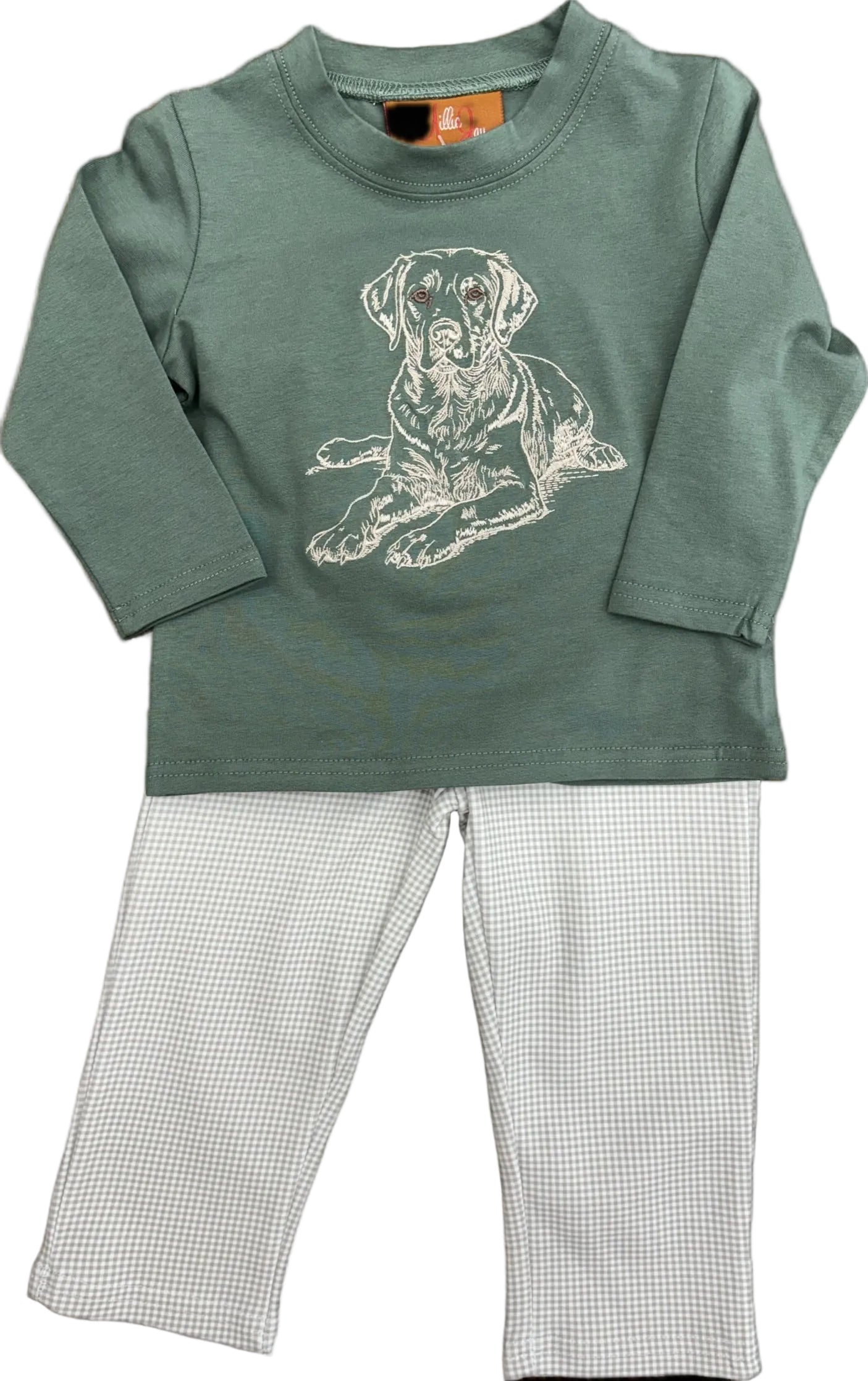 Green long sleeve top with an embroidered dog design and tan gingham pants.