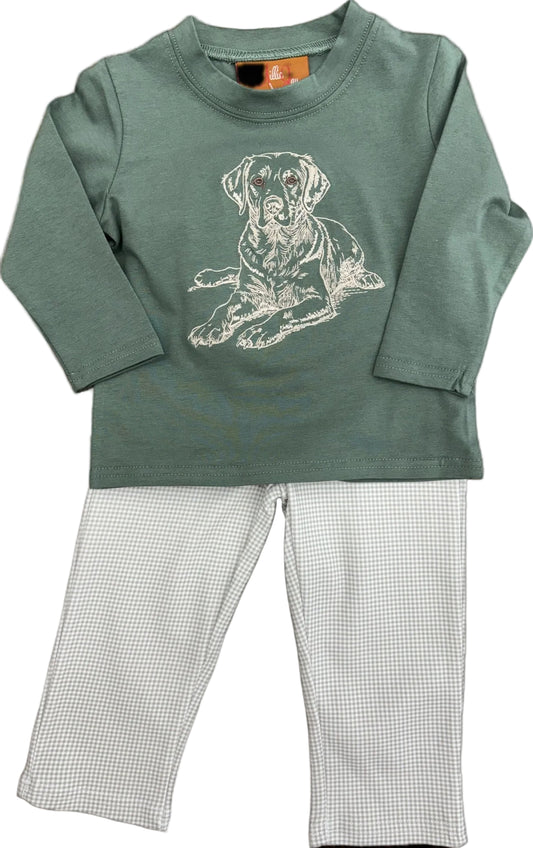 Green long sleeve top with an embroidered dog design and tan gingham pants.