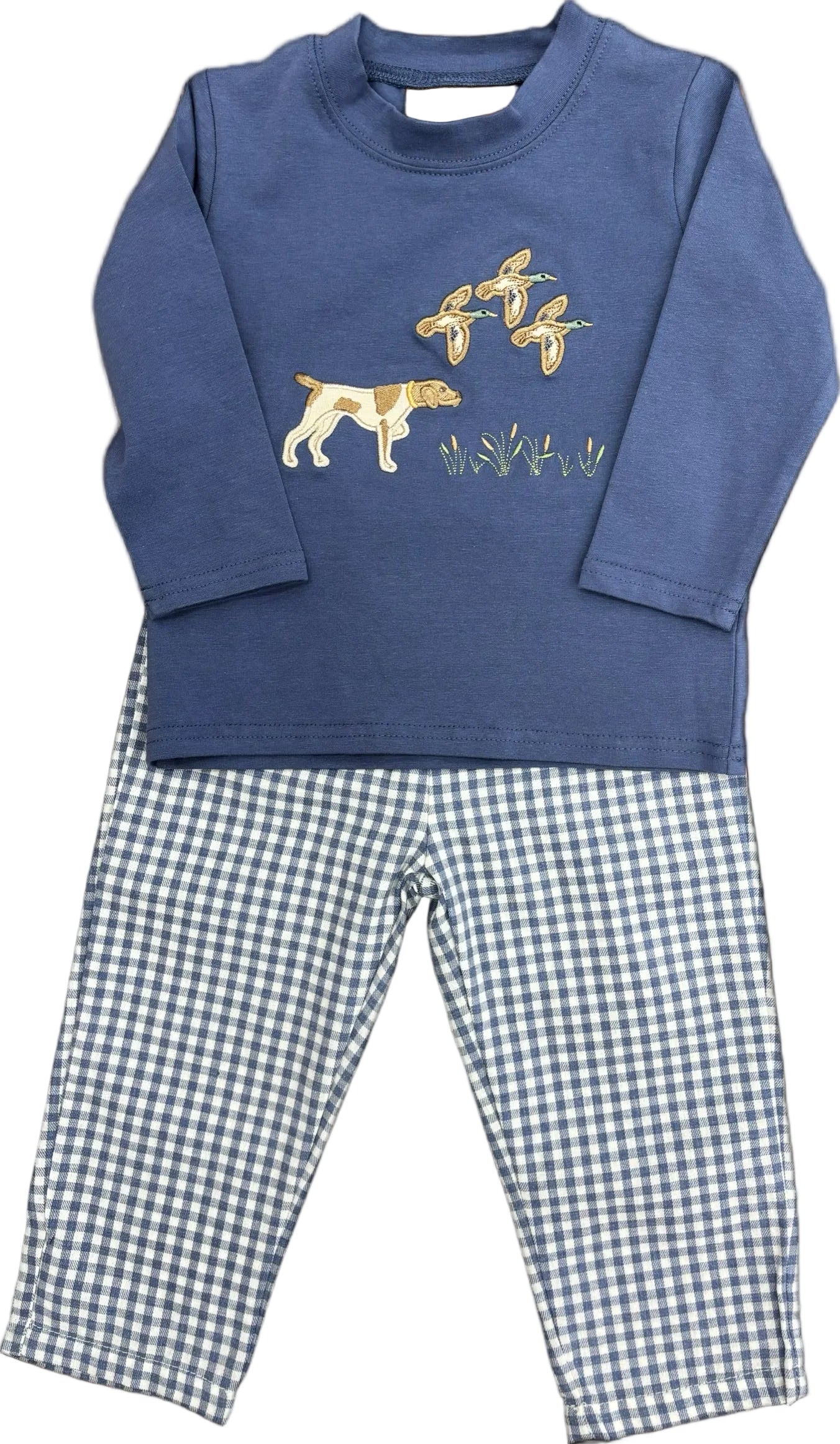 Blue long sleeve top with dog and duck applique and blue gingham pants.