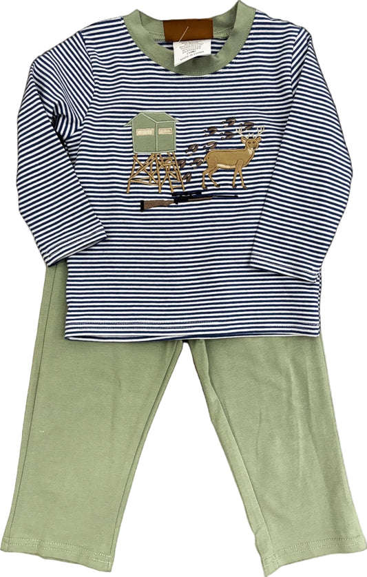 Blue striped long sleeve shirt with green trim and deer, rifle and tree stand applique, with matching green pants.