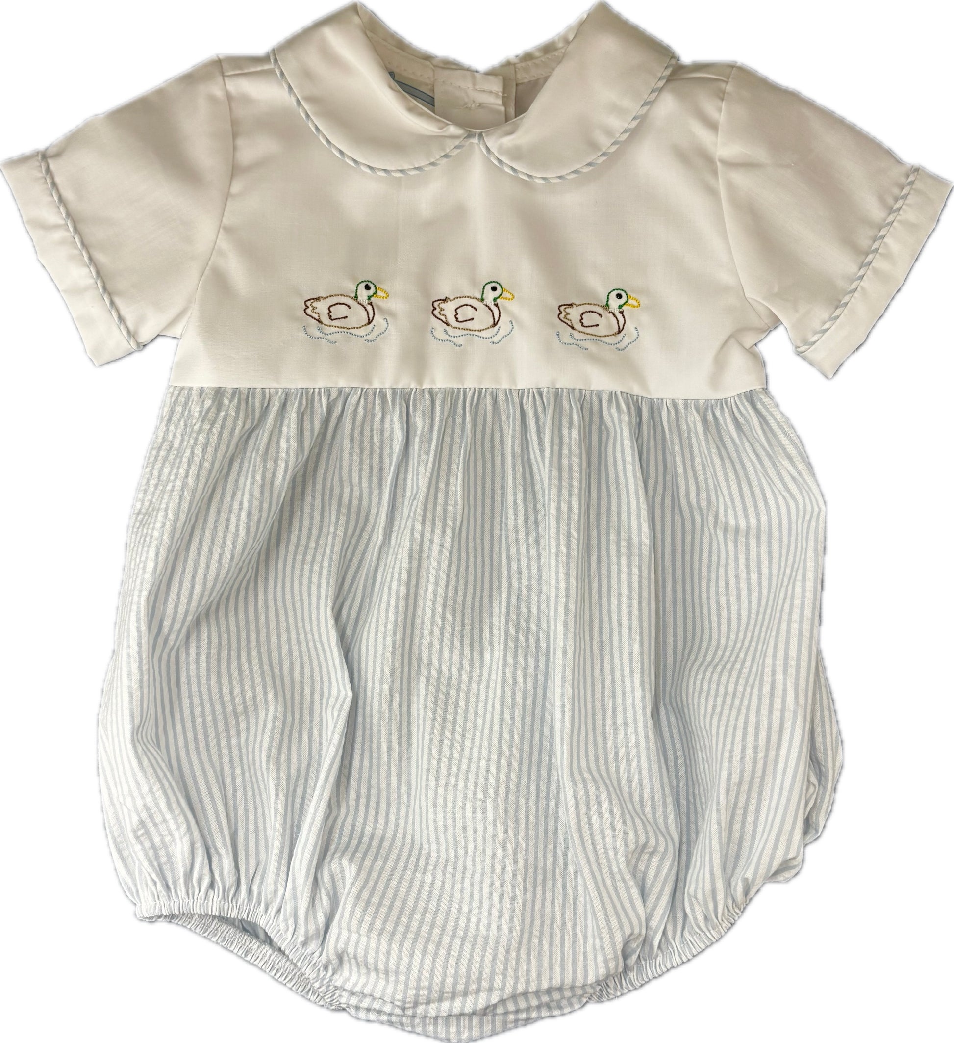 Blue seersucker bubble with white bodice and embroidered duck outlines.