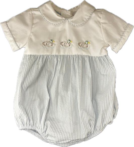 Blue seersucker bubble with white bodice and embroidered duck outlines.