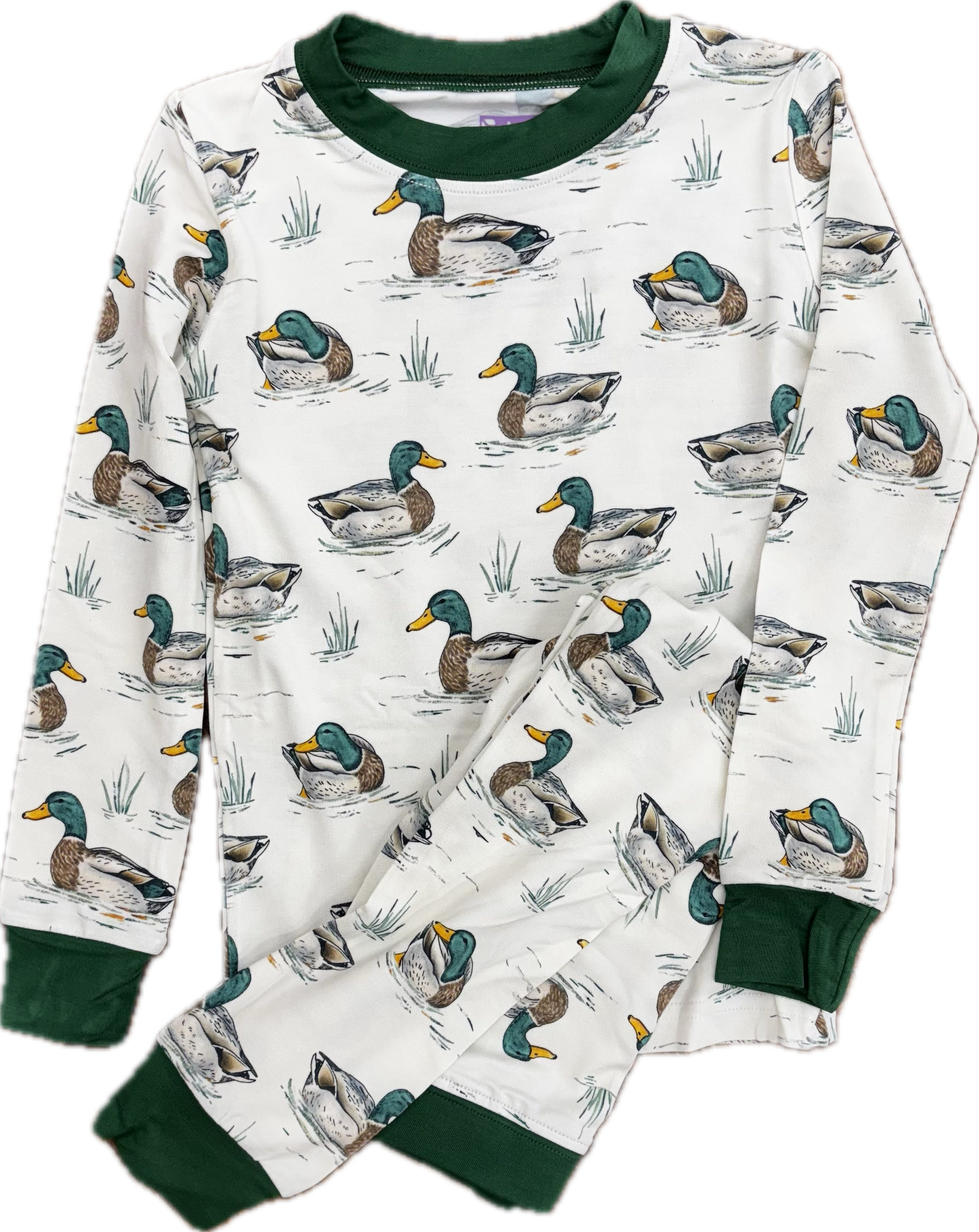 Two piece pajama set with dark green trim and an allover duck pattern.