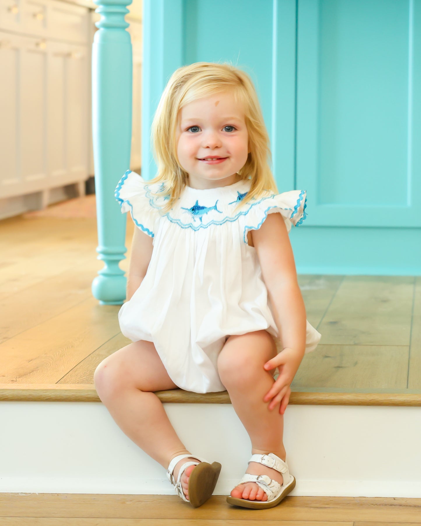 Blue Marlin Smocked Bubble - white