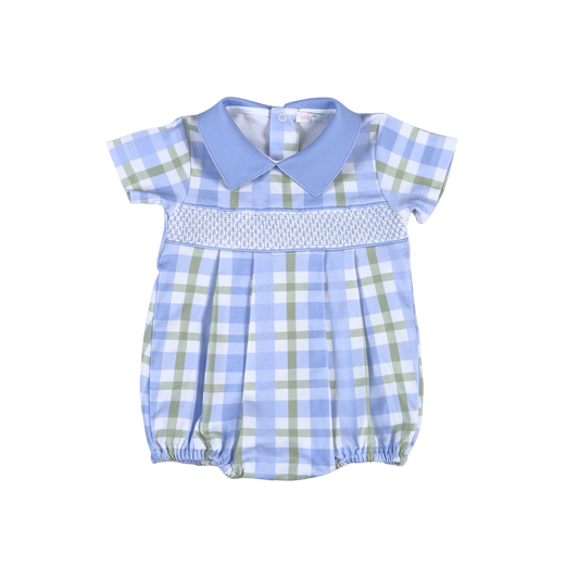 ** PRE-ORDER ** Blue Plaids Jon Hand Smocked Bubble ,100% Pima Cotton