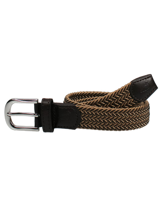 Brown braided belt with black strap and silver buckle