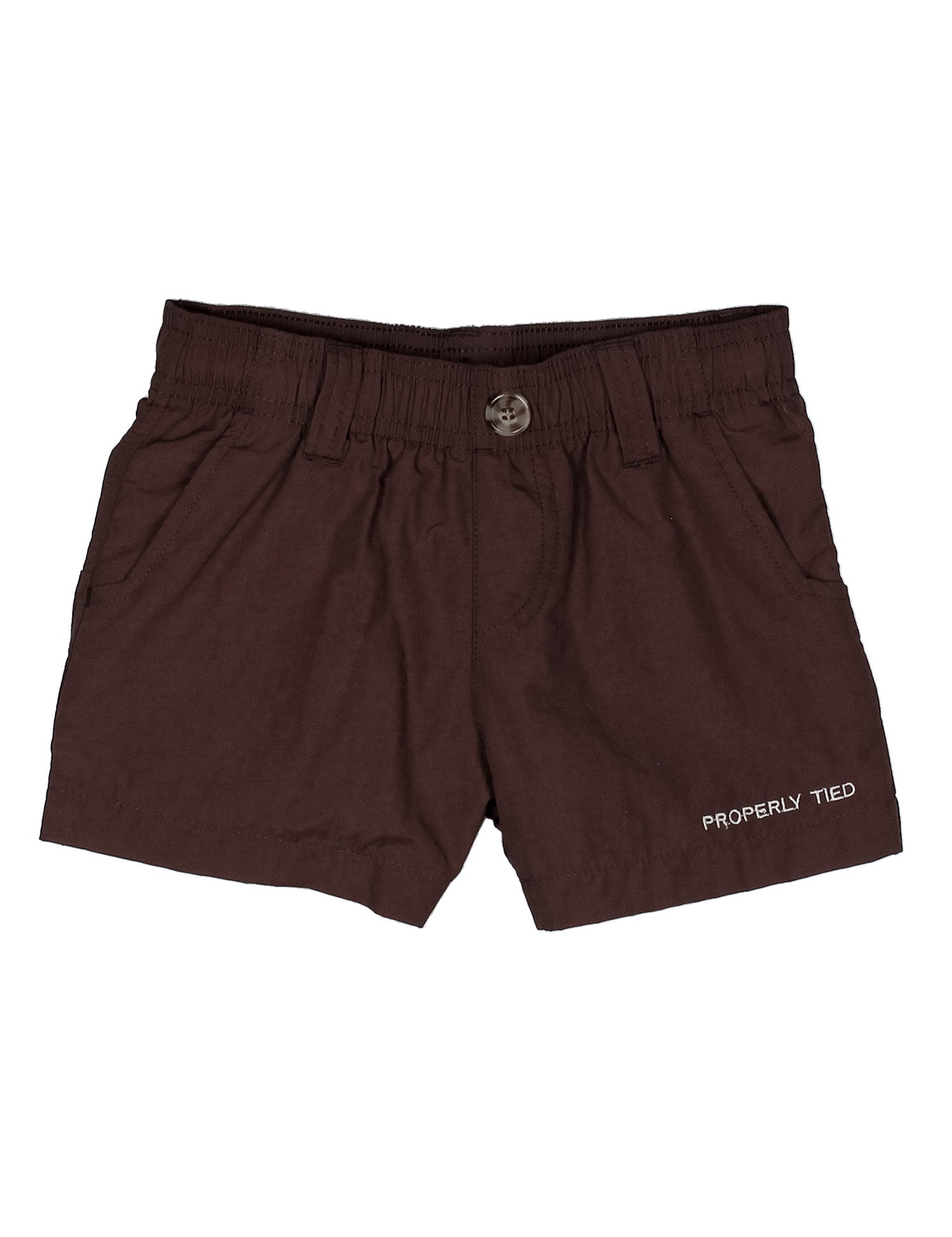 Brown shorts with 'Properly Tied' branding on a white background