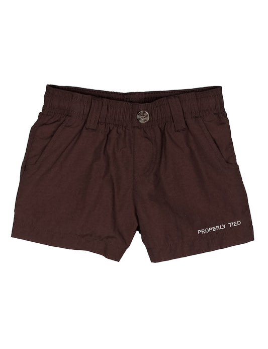 Brown shorts with 'Properly Tied' branding on a white background