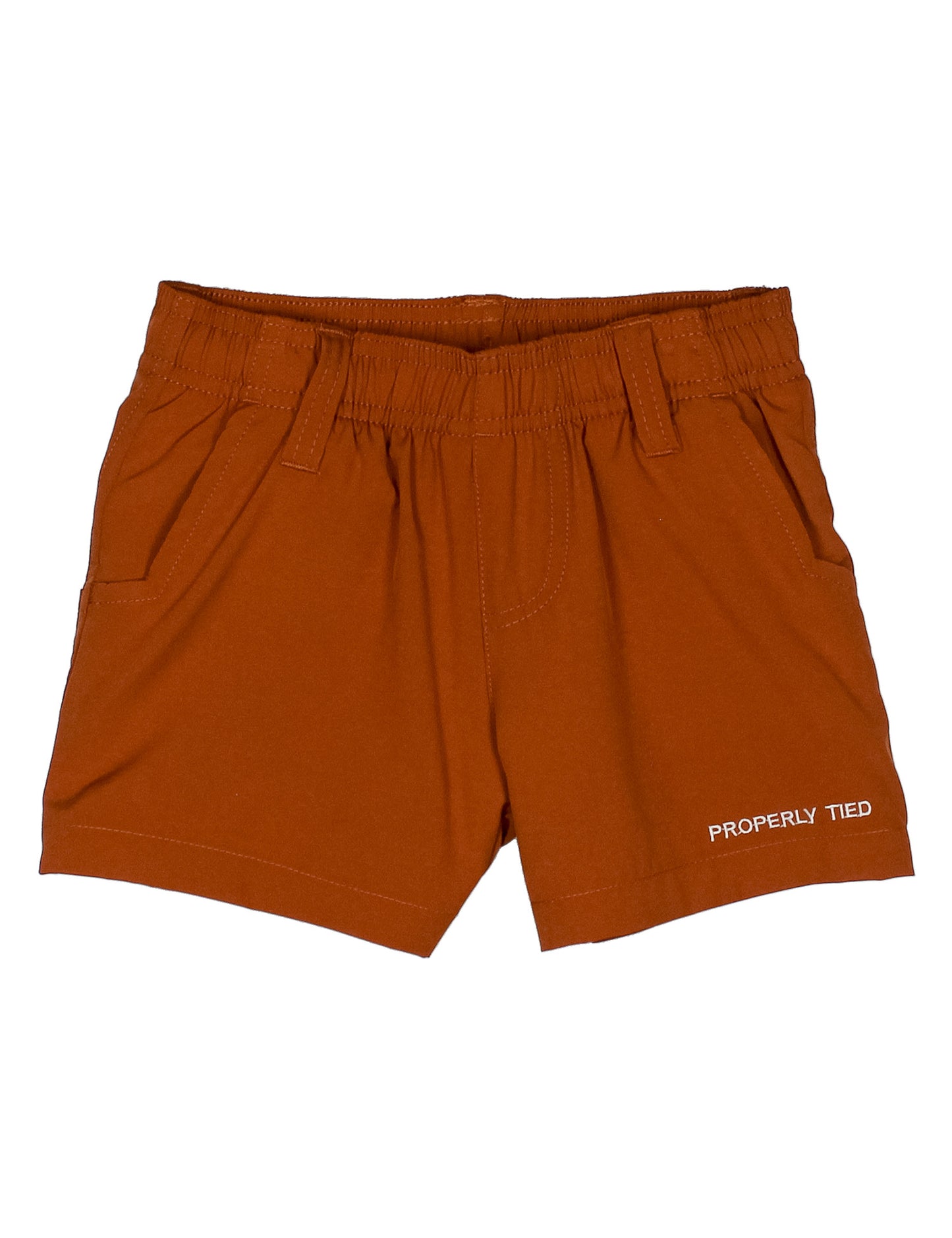Burnt orange shorts with 'Properly Tied' logo on bottom hem