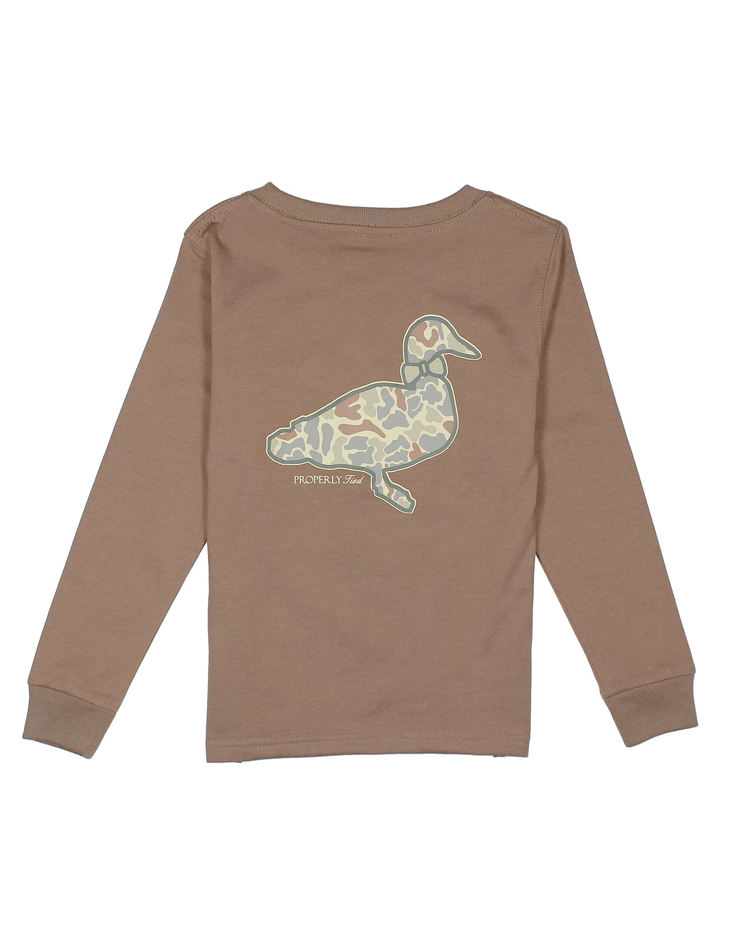 Brown long-sleeve shirt with a camo duck graphic on back