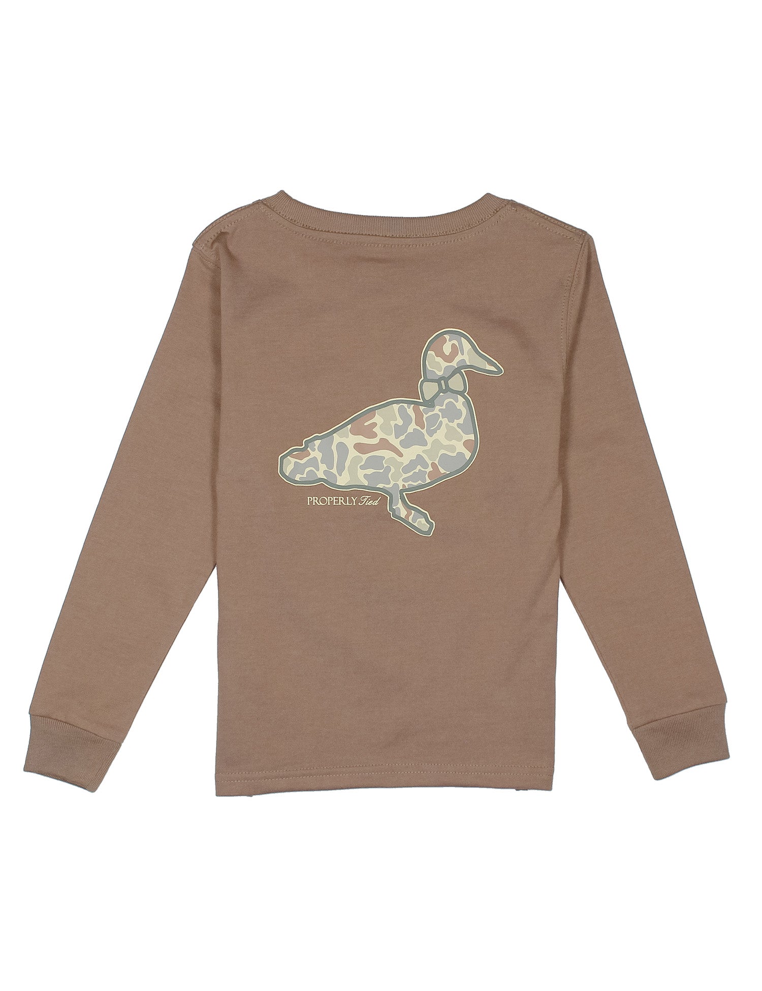 Brown long-sleeve shirt with a camo duck graphic on back