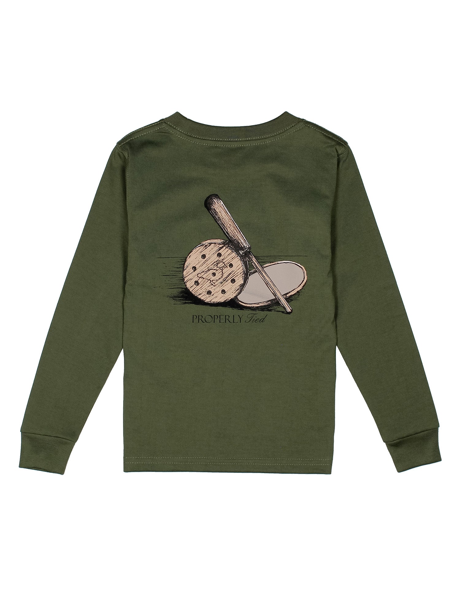 Green long-sleeve shirt with a graphic of a fishing rod on the back
