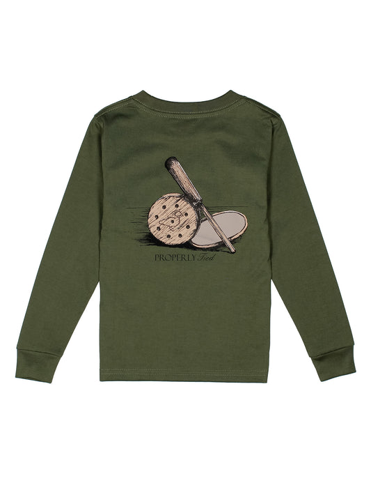 Green long-sleeve shirt with a graphic of a fishing rod on the back