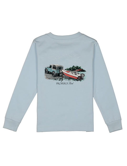 Light blue long-sleeve shirt with a graphic of a truck and boat on back