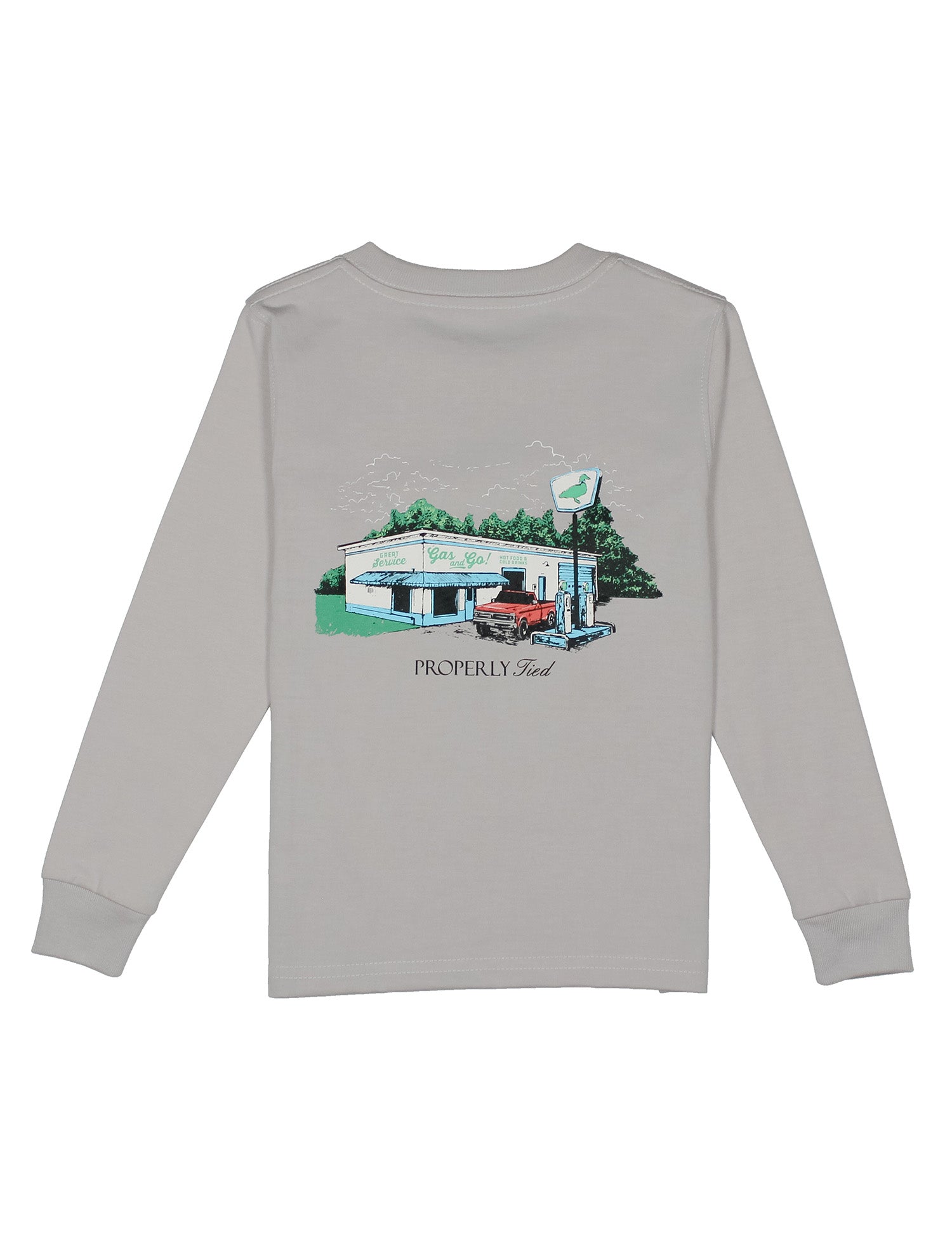 Gray long-sleeve shirt with a graphic of a building and car at a service station on back