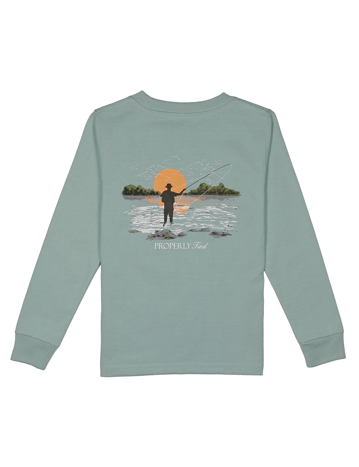 Light green long-sleeve shirt with a fishing graphic on back