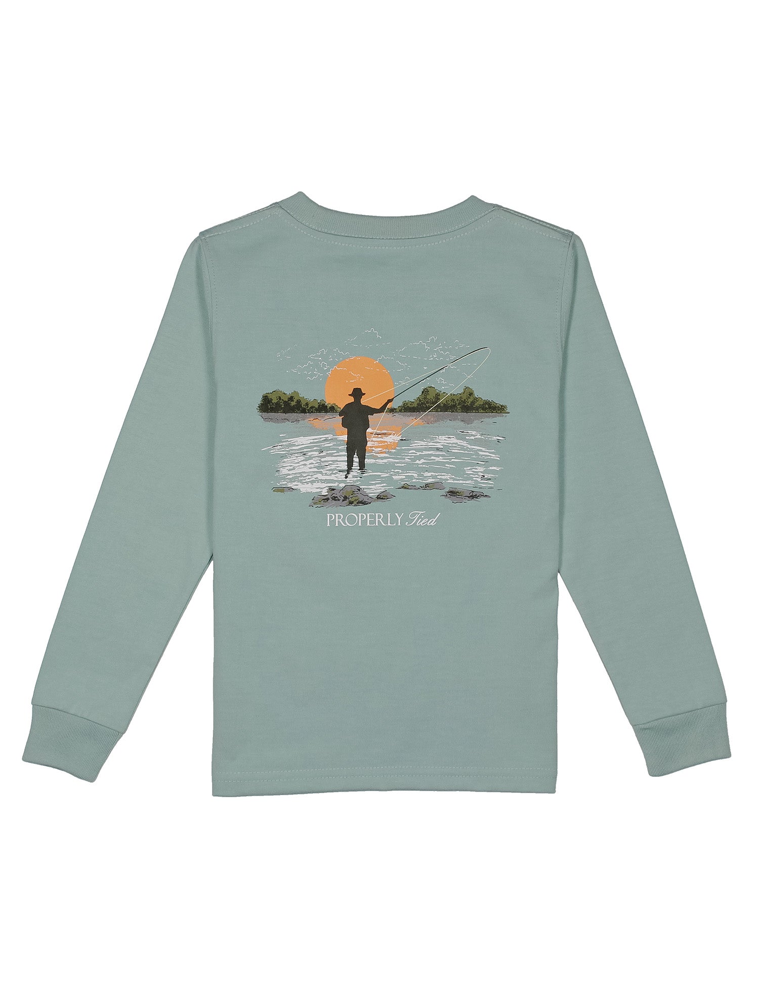 Light green long-sleeve shirt with a fishing graphic on back