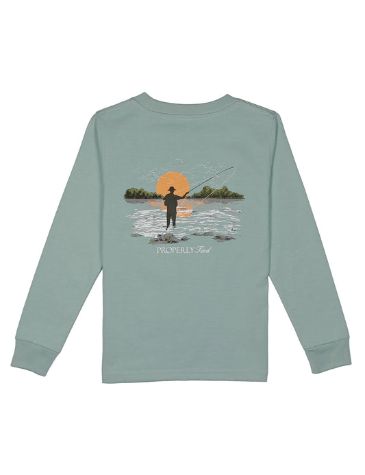 Light green long-sleeve shirt with a fishing graphic on back